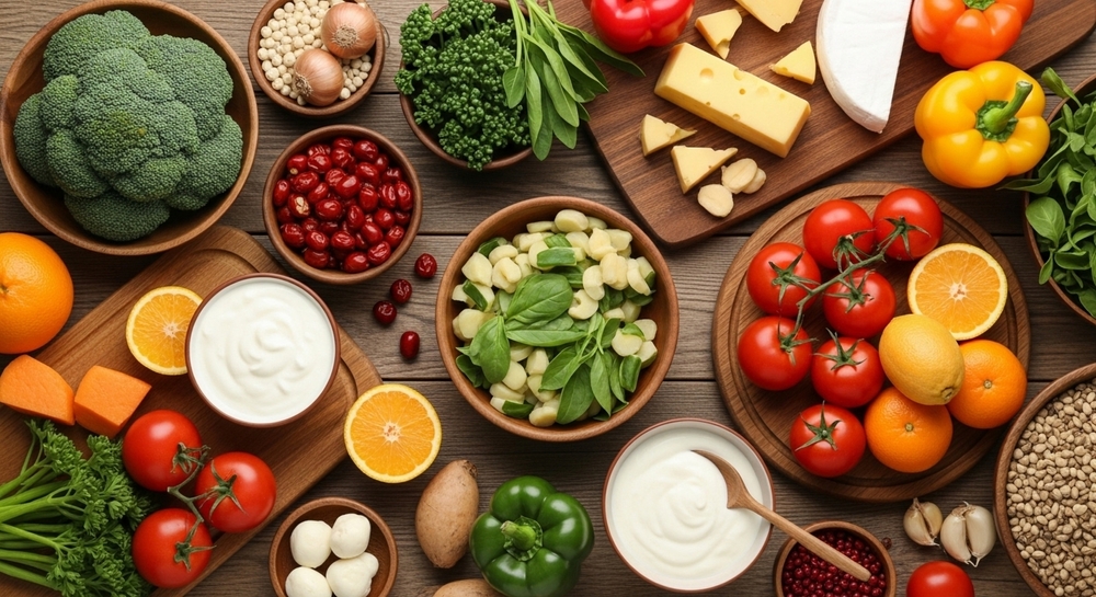 Glossario di Educazione Alimentare con alimenti freschi di stagione